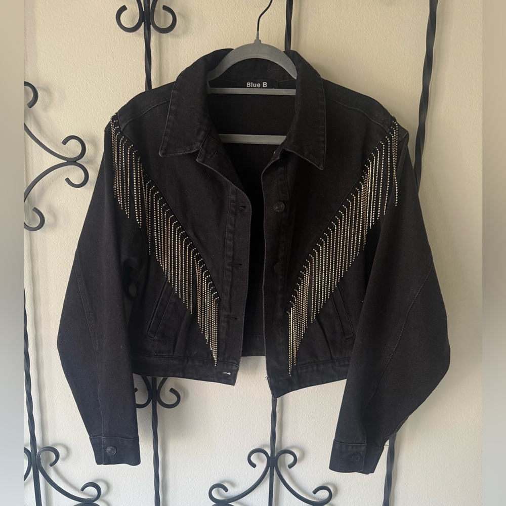 Blue B Black Denim Cropped Jacket With Rhinestone Fringe Size Small